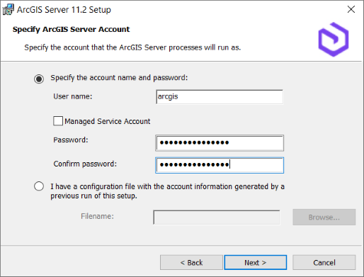 Specify the ArcGIS Server account. Specify the ArcGIS Server account.